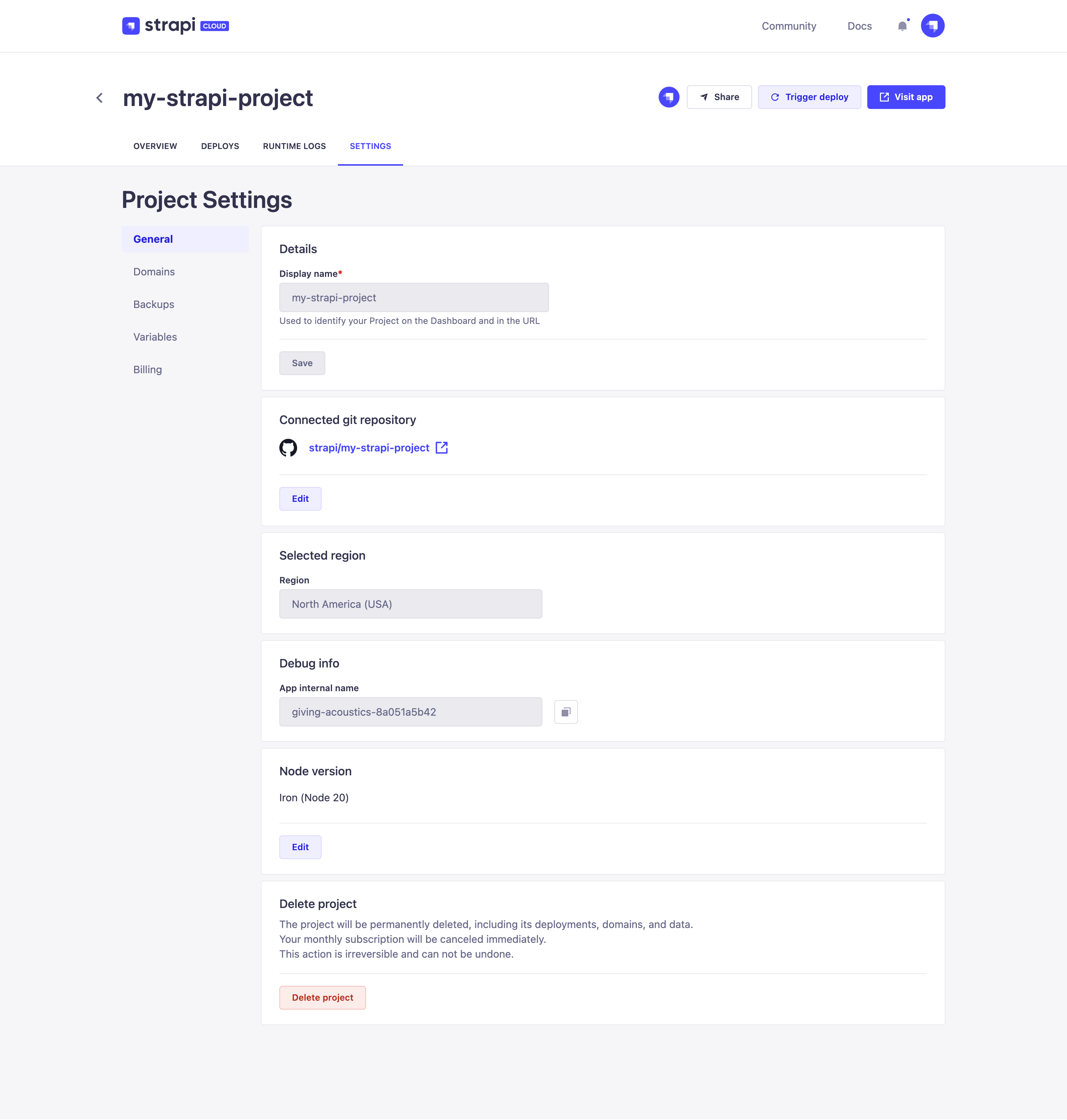 Project settings page